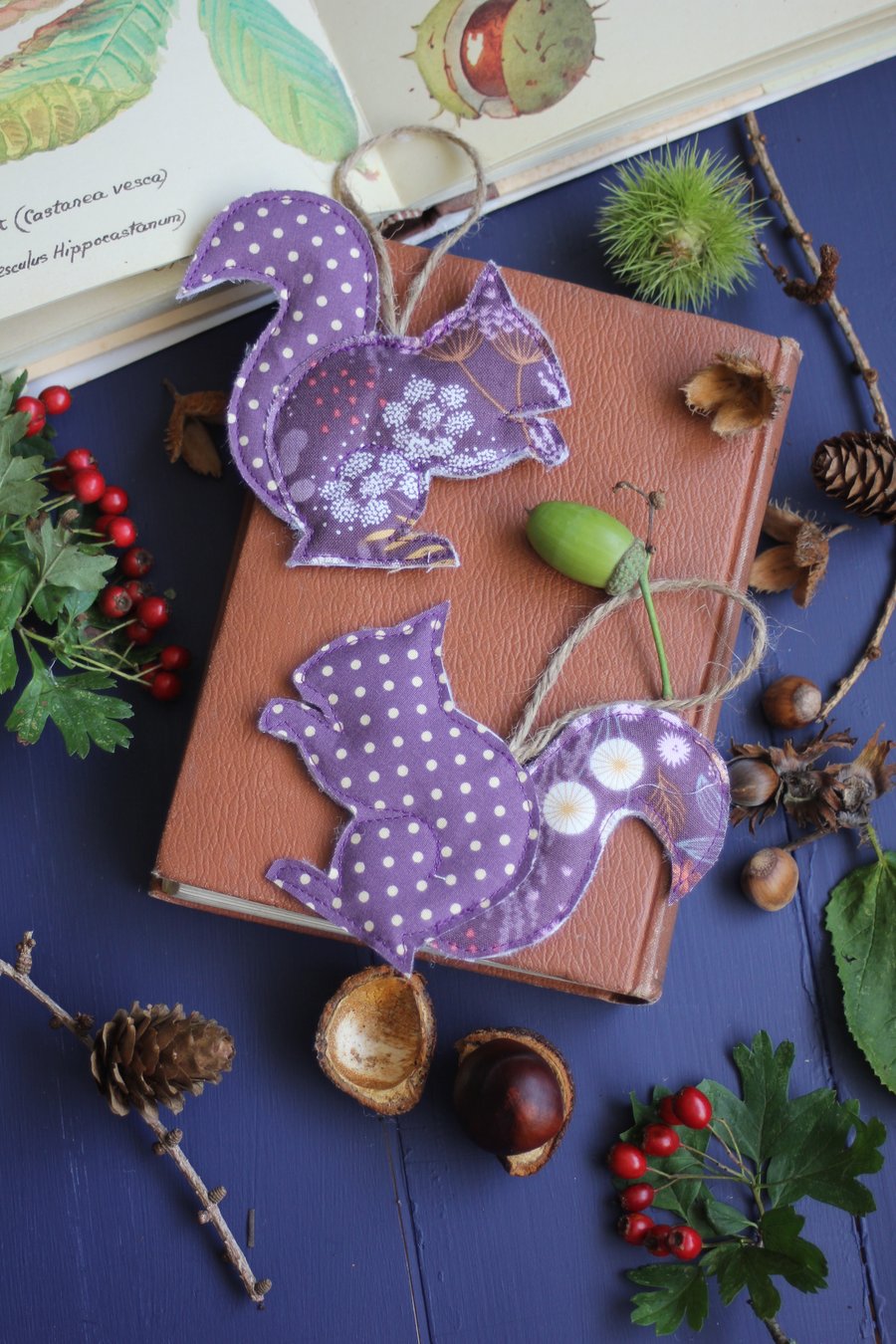  Set of two fabric hanging squirrels in shades of purple