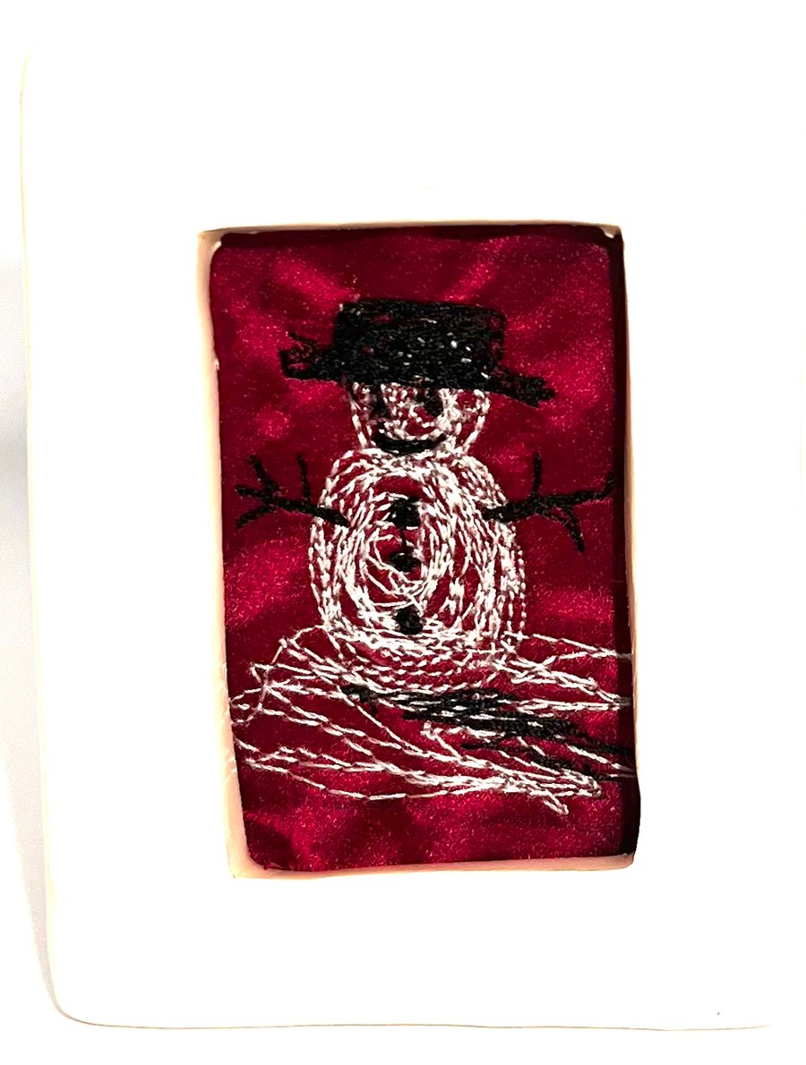 Mini pink & grey free-motion embroidery snowman in porcelain frame