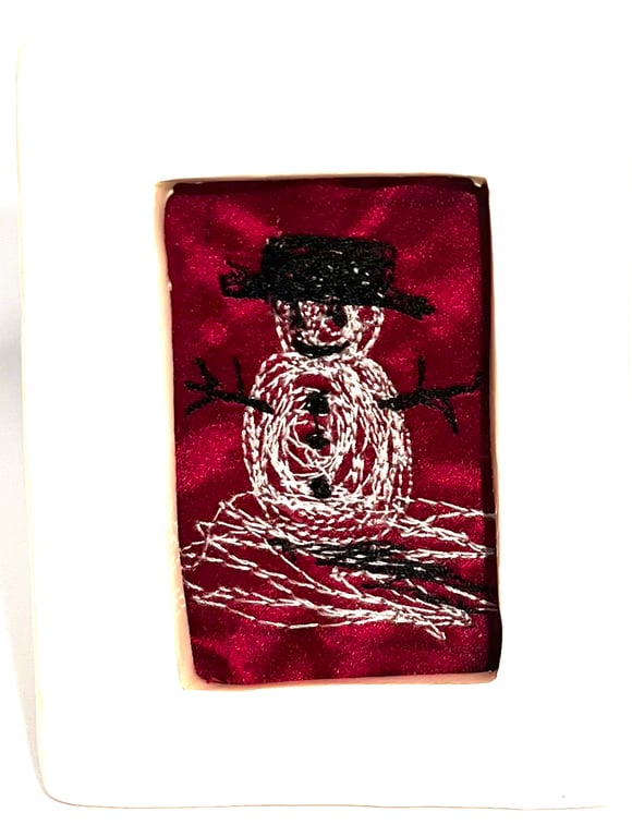 Mini pink & grey free-motion embroidery snowman in porcelain frame