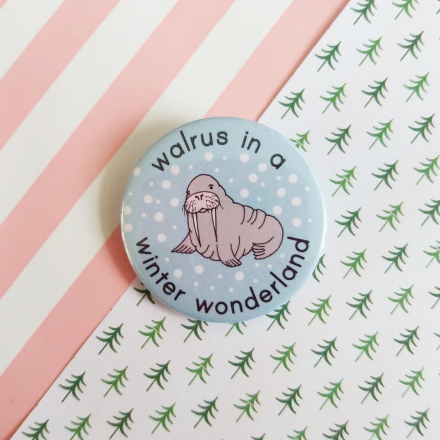 walrus christmas badge, handmade christmas pin badge, animal lover gift
