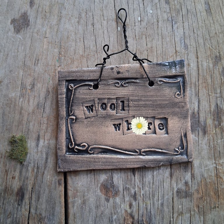 CLEARANCE! rustic ceramic pottery sign- wool wh-re