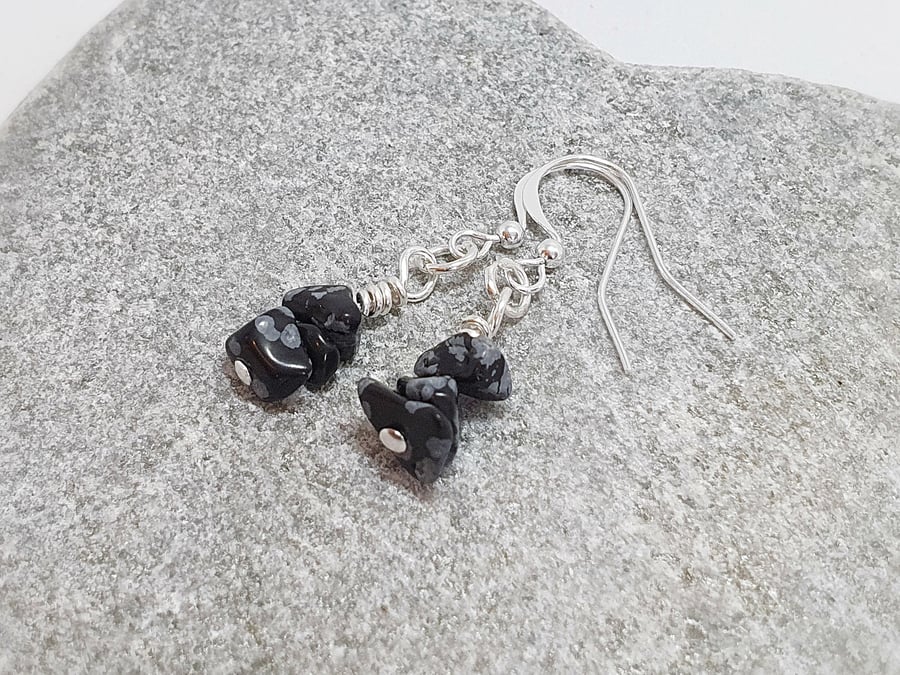 Dainty Snowflake Obsidian gemstone earrings 