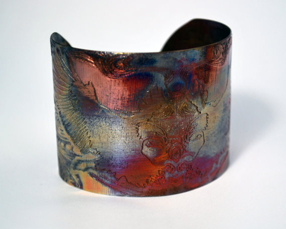 Etched Copper Cuff Bracelet - Eagle swooping design - large