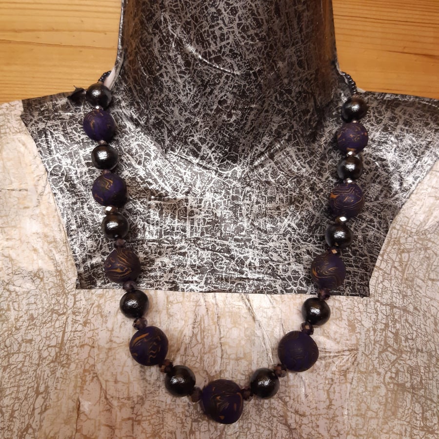 Image of Dark purple and gold polymer clay necklace