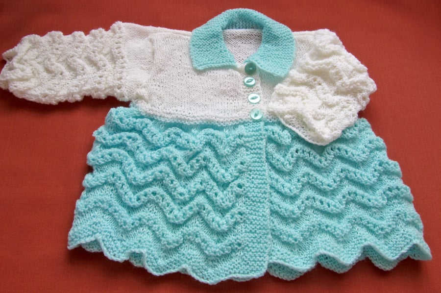 Turquoise & White Hand Knitted Baby Matinee Coat (20", 50.5cm chest)