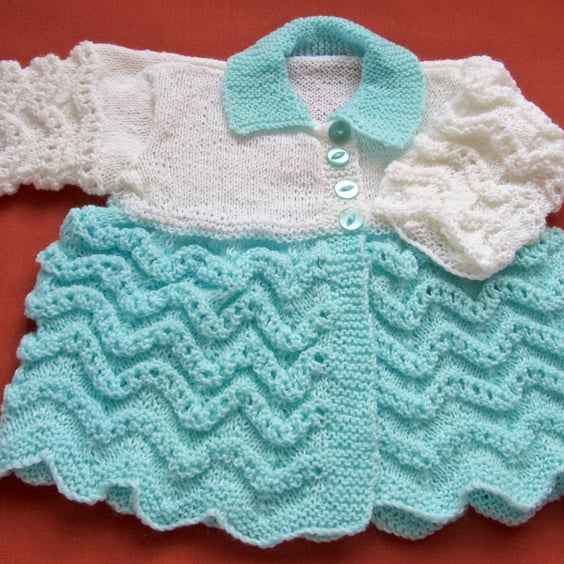 Turquoise & White Hand Knitted Baby Matinee Coat (20", 50.5cm chest)