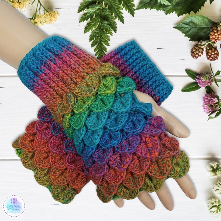 Crochet gloves. Rainbow dragon scale gloves. Fingerless gloves. Rainbow gloves