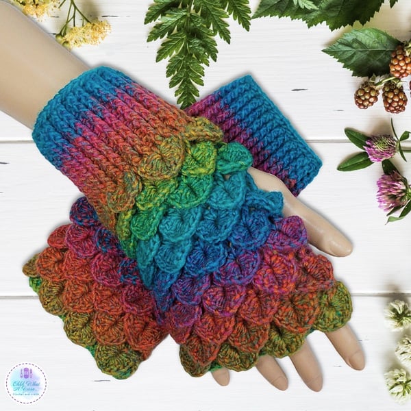Crochet gloves. Rainbow dragon scale gloves. Fingerless gloves. Rainbow gloves