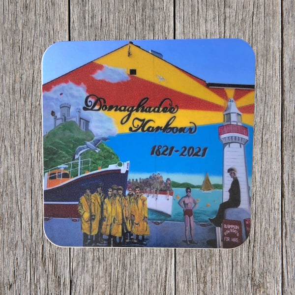Coasters. Donaghadee Harbour Bicentenary Mural . Photo image cork backed