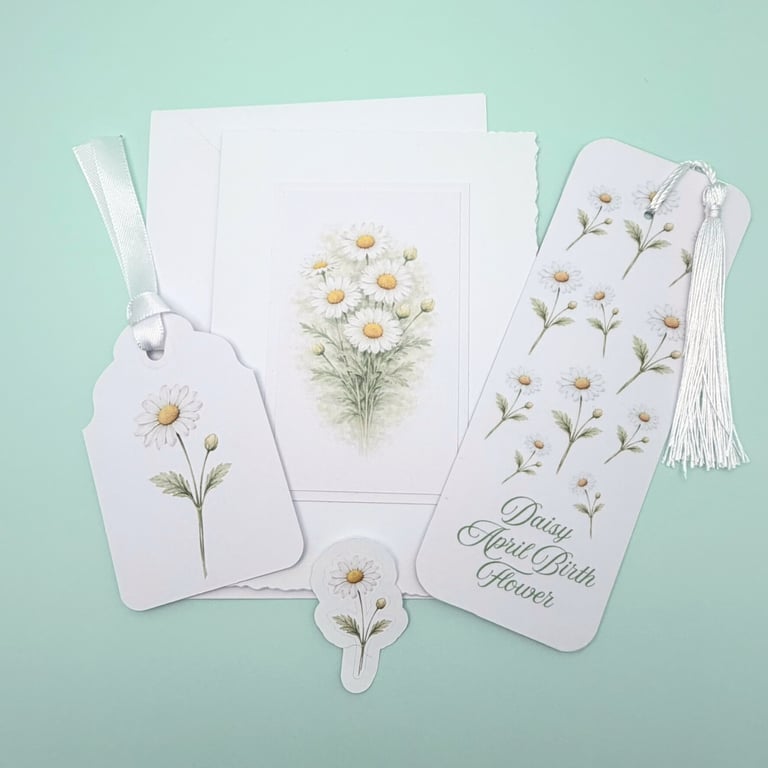 Daisy April Birth Flower Mini Gift Set - Botanical Card, Bookmark & Gift Tag