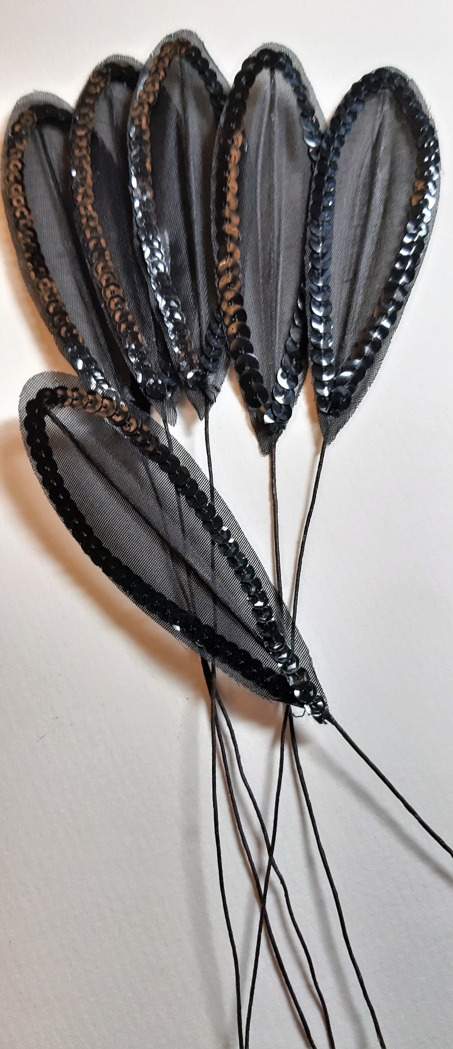 6 x black sequinned leaves leaf feathers on a wired stem