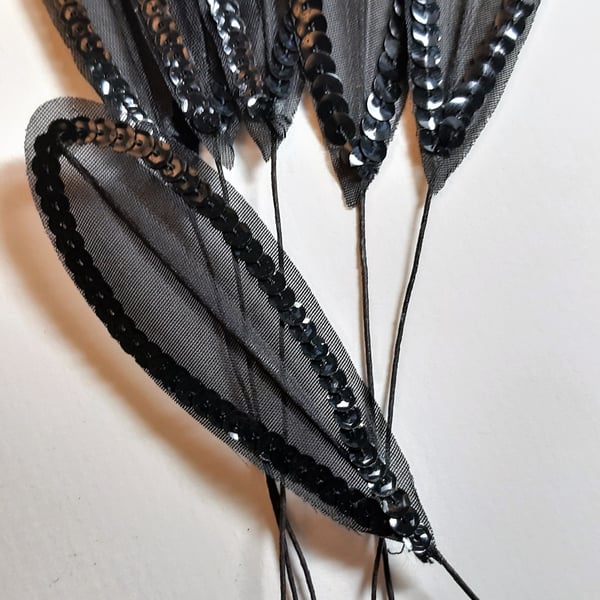 6 x black sequinned leaves leaf feathers on a wired stem