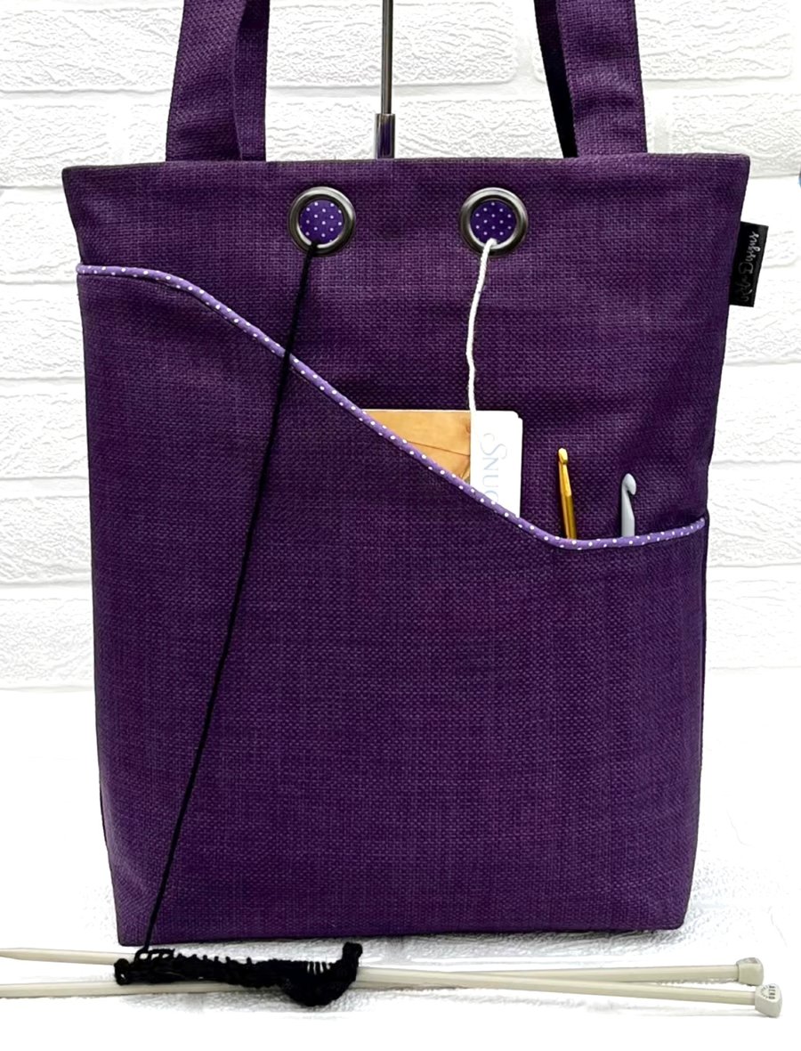 Knitting project bag, purple pin spot 