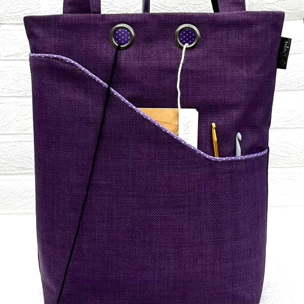 Knitting project bag, purple pin spot 