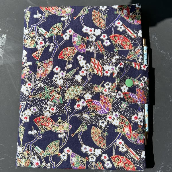 Cotton-Covered A5 Notebook with Pen - blue fans