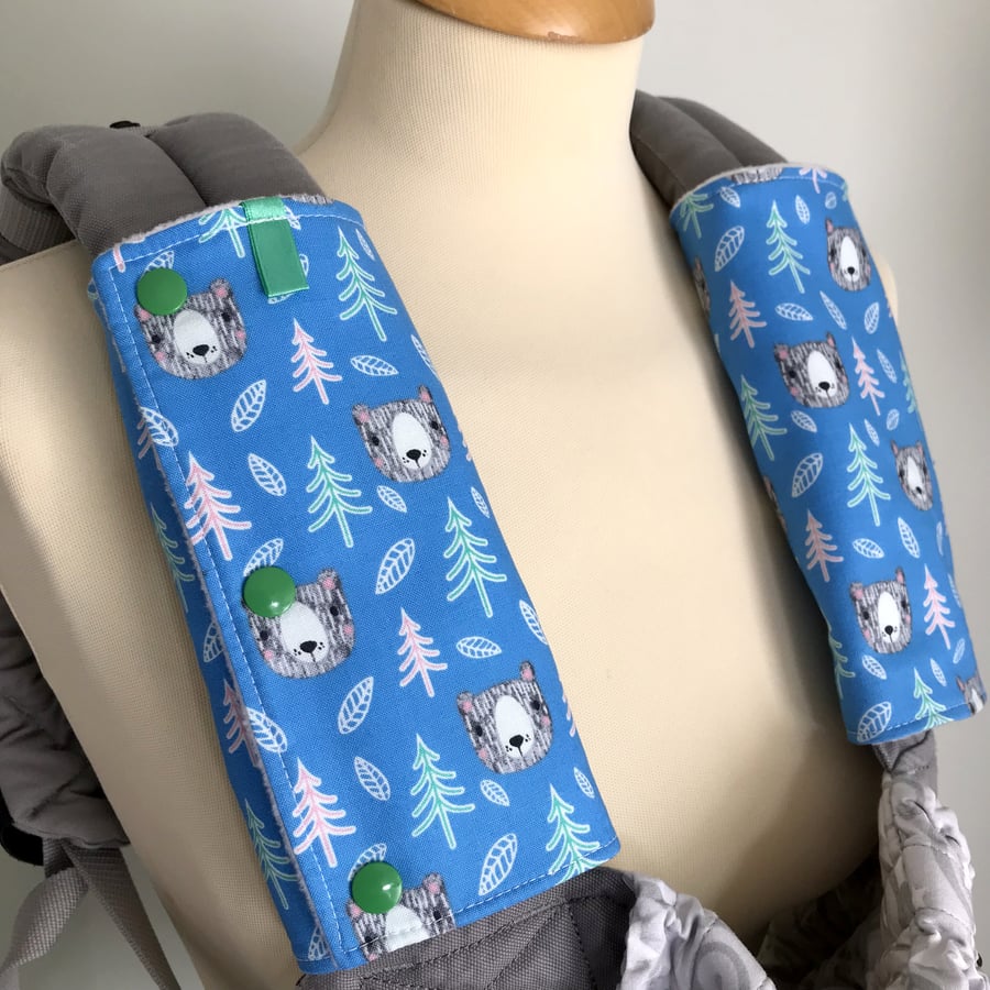 TEETHING PADS Strap Covers for ERGO Baby Carrier in Bears on Blue Fabric