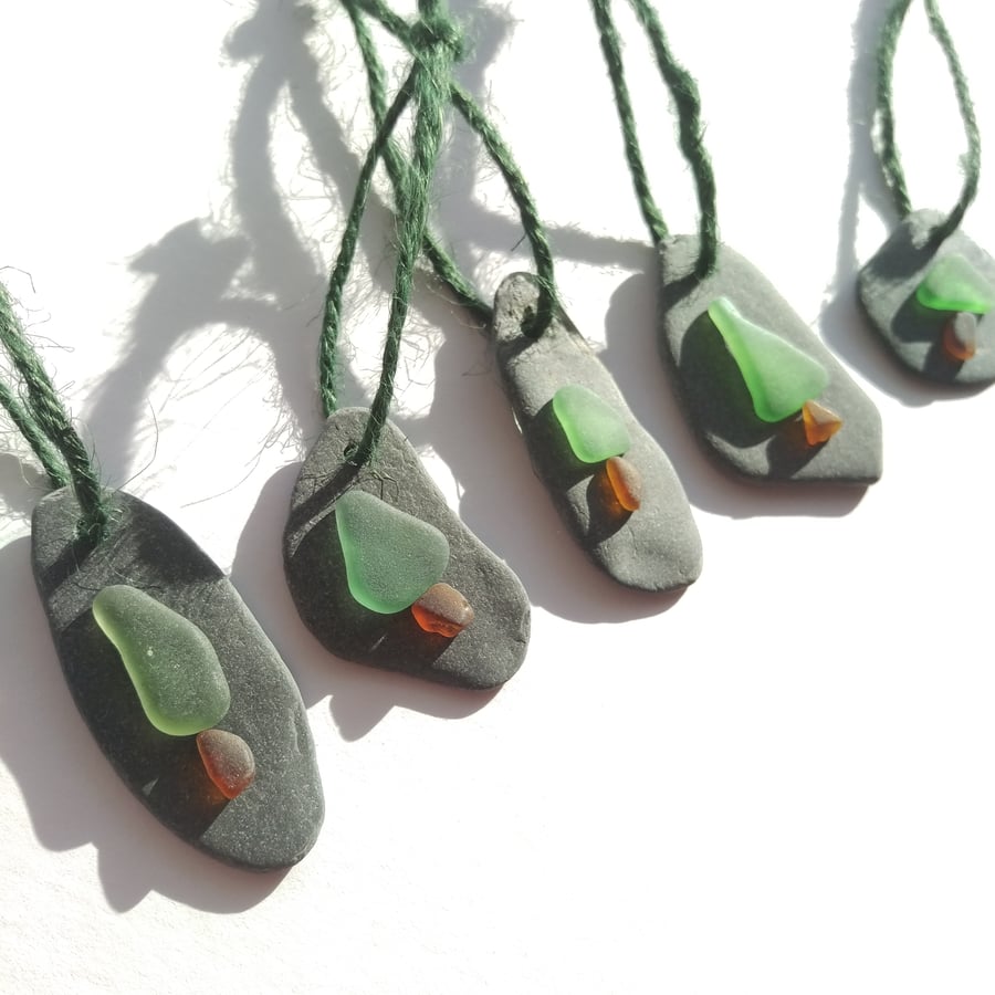 Bright Green Sea Glass and Slate Christmas Tree Hanging Decoration