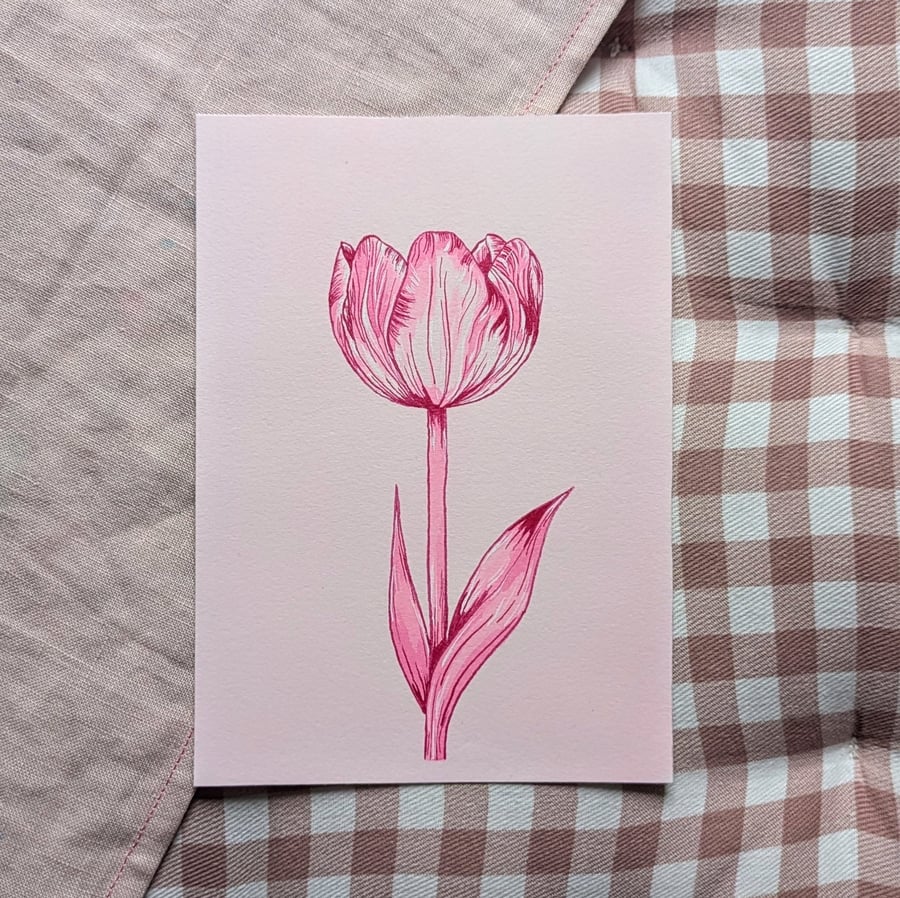Original Pink Tulip Flower Hand Painted Ink Illustration A6