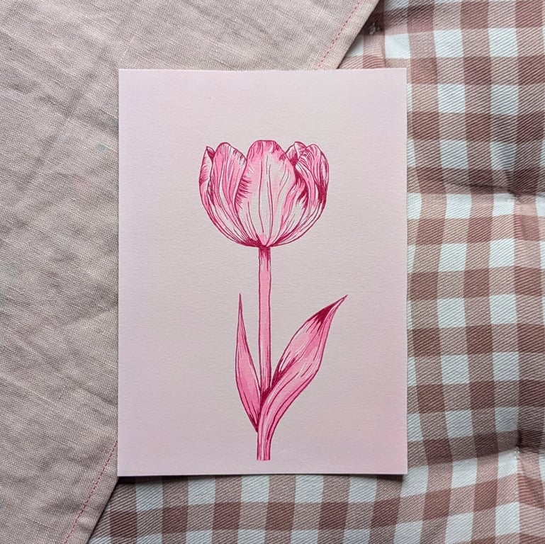 Original Pink Tulip Flower Hand Painted Ink Illustration A6