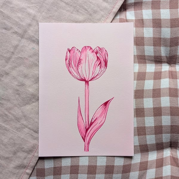 Original Pink Tulip Flower Hand Painted Ink Illustration A6
