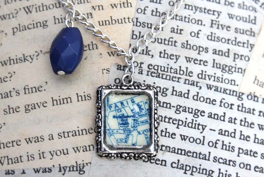 SALE Paris Map Frame Blue Bead Silver Necklace