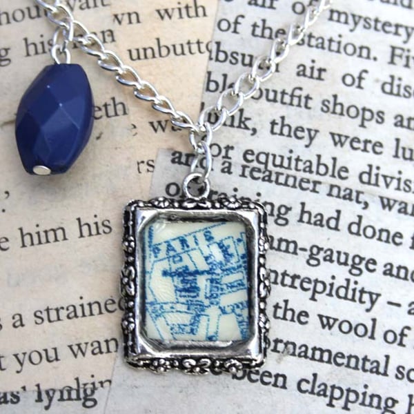 SALE Paris Map Frame Blue Bead Silver Necklace