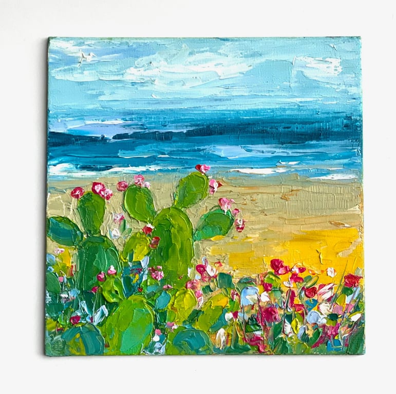 Cactus Painting Impasto Landscape Art Wildlife Nature Wall Art Ocean Artwork Ori