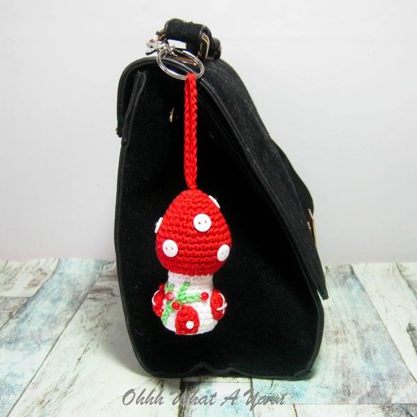 Crochet red toadstool, mushroom fairy house decoration, bag charm 