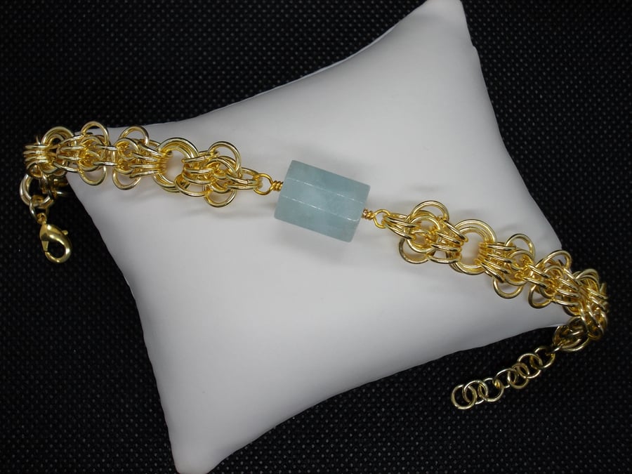 Aquamarine and butterfly chainmaille bracelet