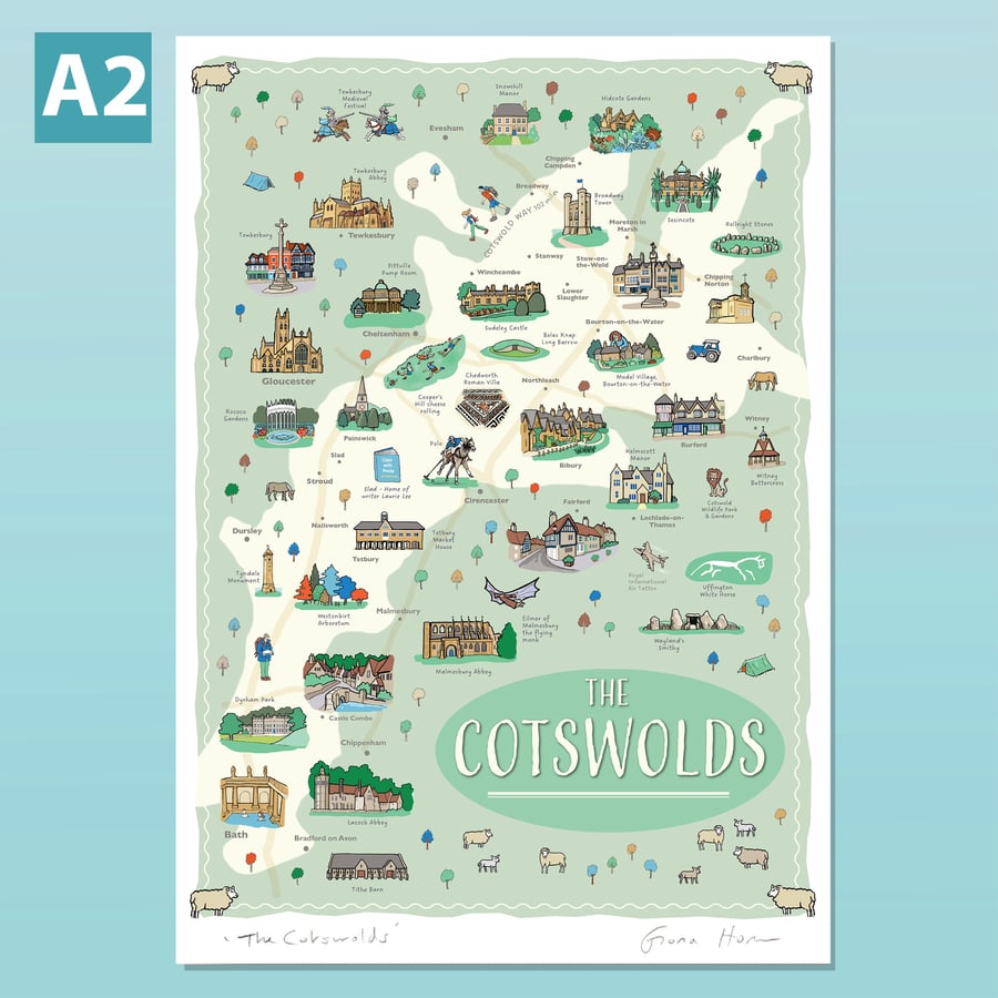 Cotswolds A2 illustrated map poster