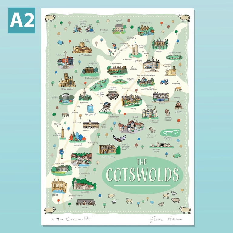 Cotswolds A2 illustrated map poster