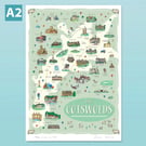 Cotswolds A2 illustrated map poster