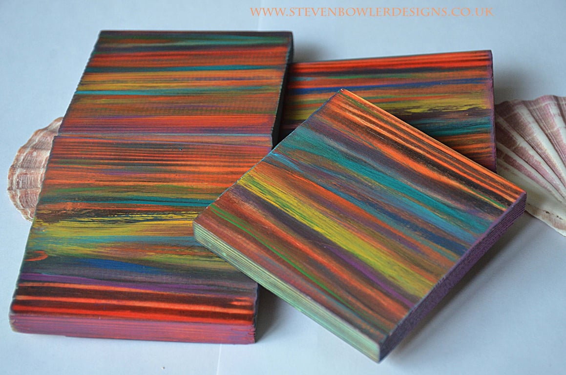 Set of 4 Chunky Wood Coastal Coasters Tropical Sunset Colours 