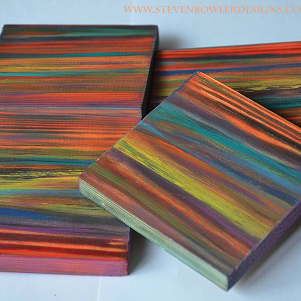 Set of 4 Chunky Wood Coastal Coasters Tropical Sunset Colours 