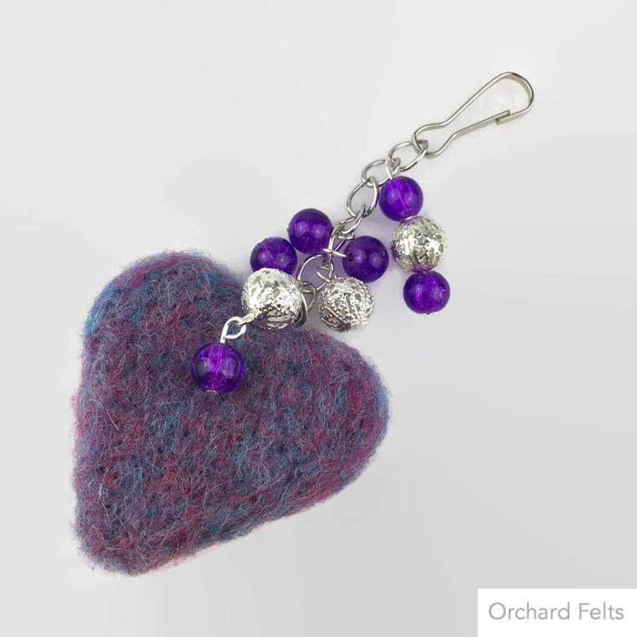 Needle felted heart and bead bag charm in lilac and silver