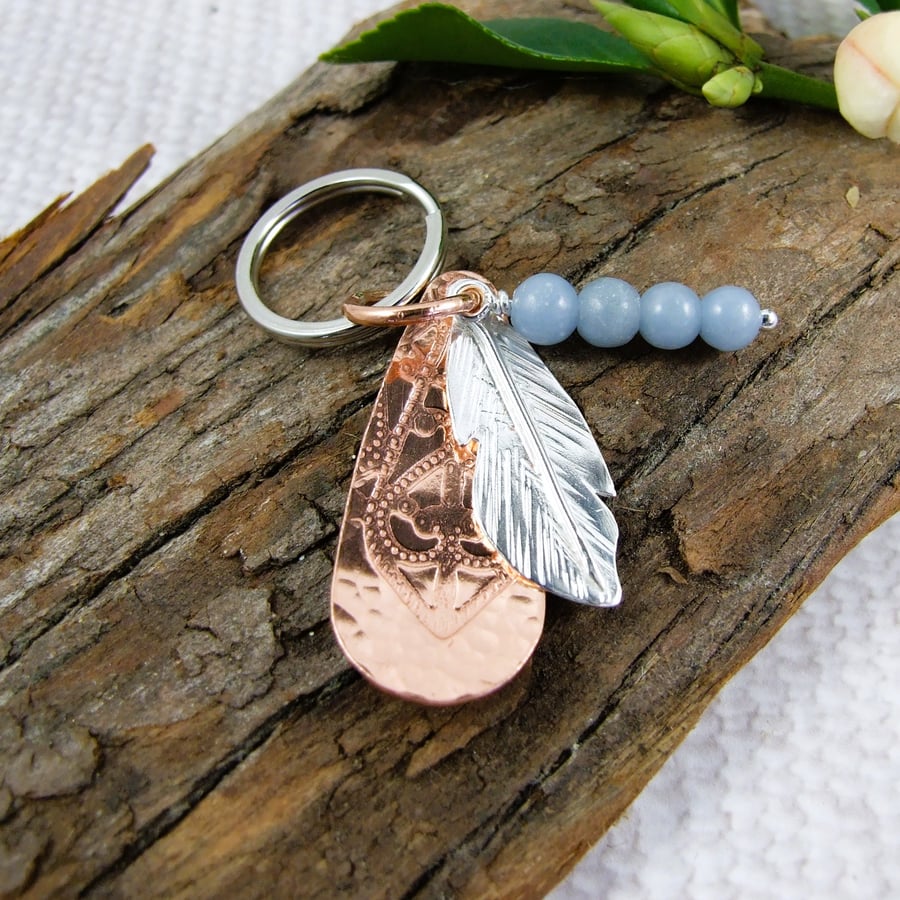 Keyring, Sterling Silver Feather with Copper Tag and Angelite Gemstone