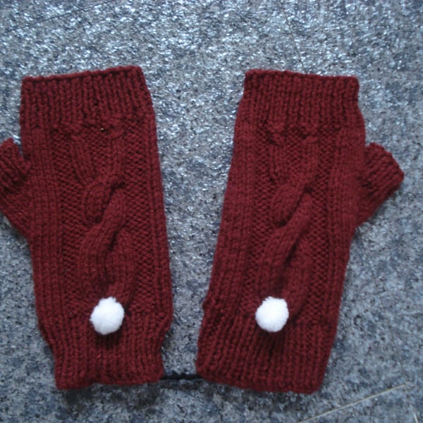 Hand Knitted Red Fingerless Gloves With A Bunny Motif (R796)