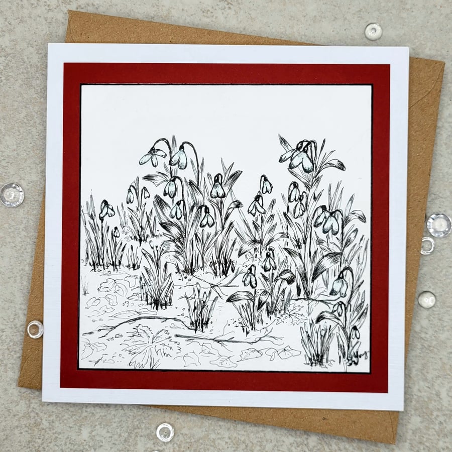 Snowdrop Blank Card - original ink drawing, birthday, mother's day, friend
