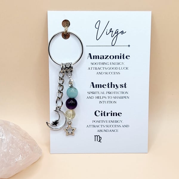 Virgo Zodiac Crystal Keyring, Star Sign Gemstone Keychain Gift For Birthday
