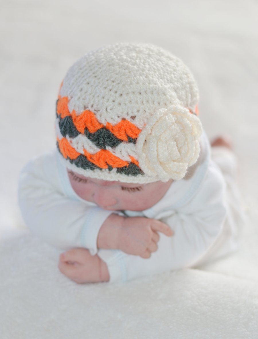 Newborn Cream , Orange and Grey Crochet Baby Hat Shell Pattern Flower Hat
