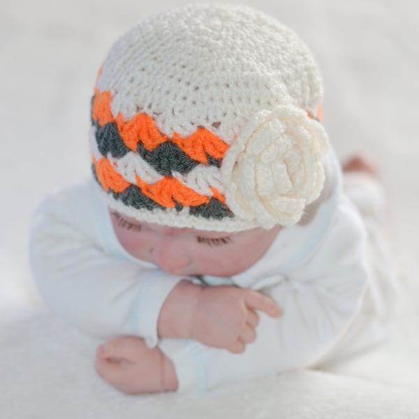 Newborn Cream , Orange and Grey Crochet Baby Hat Shell Pattern Flower Hat