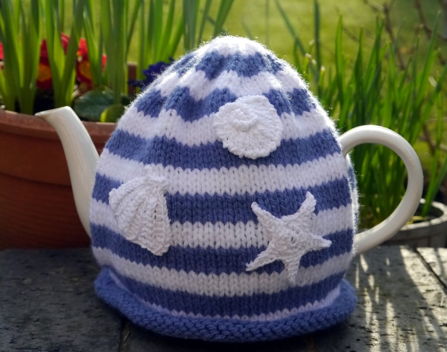 Shell Tea Cosy Blue and White Stripe