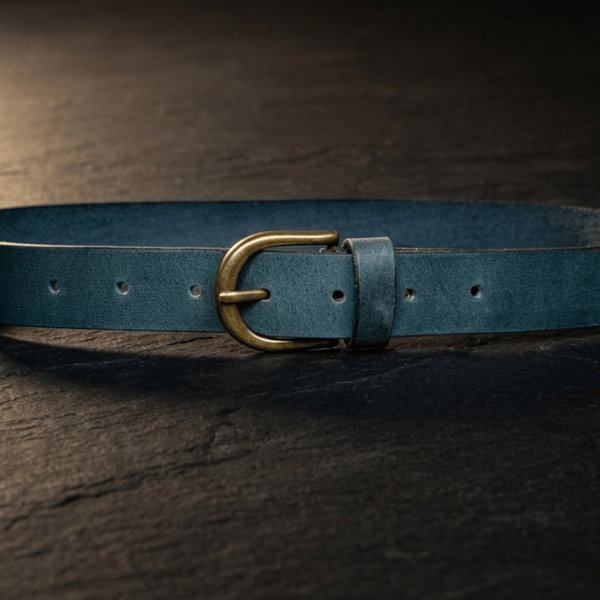 Slate Blue Full Grain Leather Belt Antique Brass Buckle Womens Belt 25mm 1 Inch