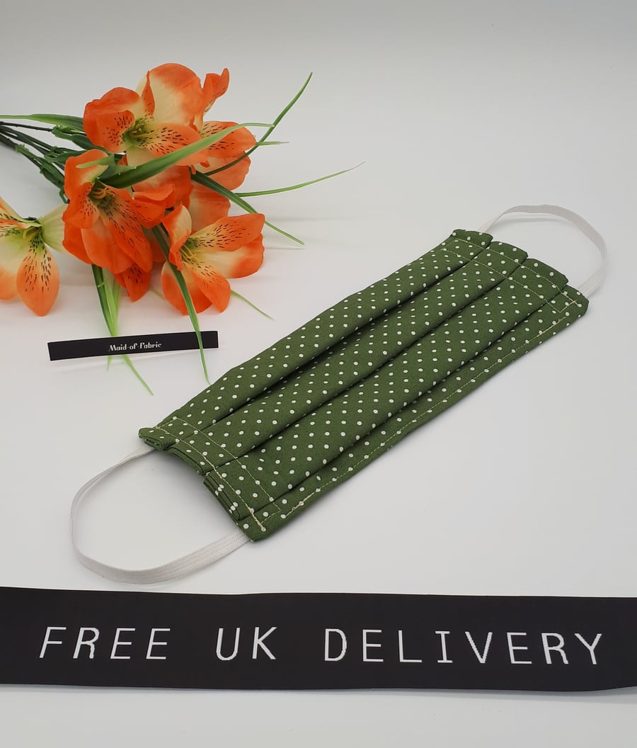 Face mask, large, 3 layer,  machine washable in green polkadot cotton fabric.  