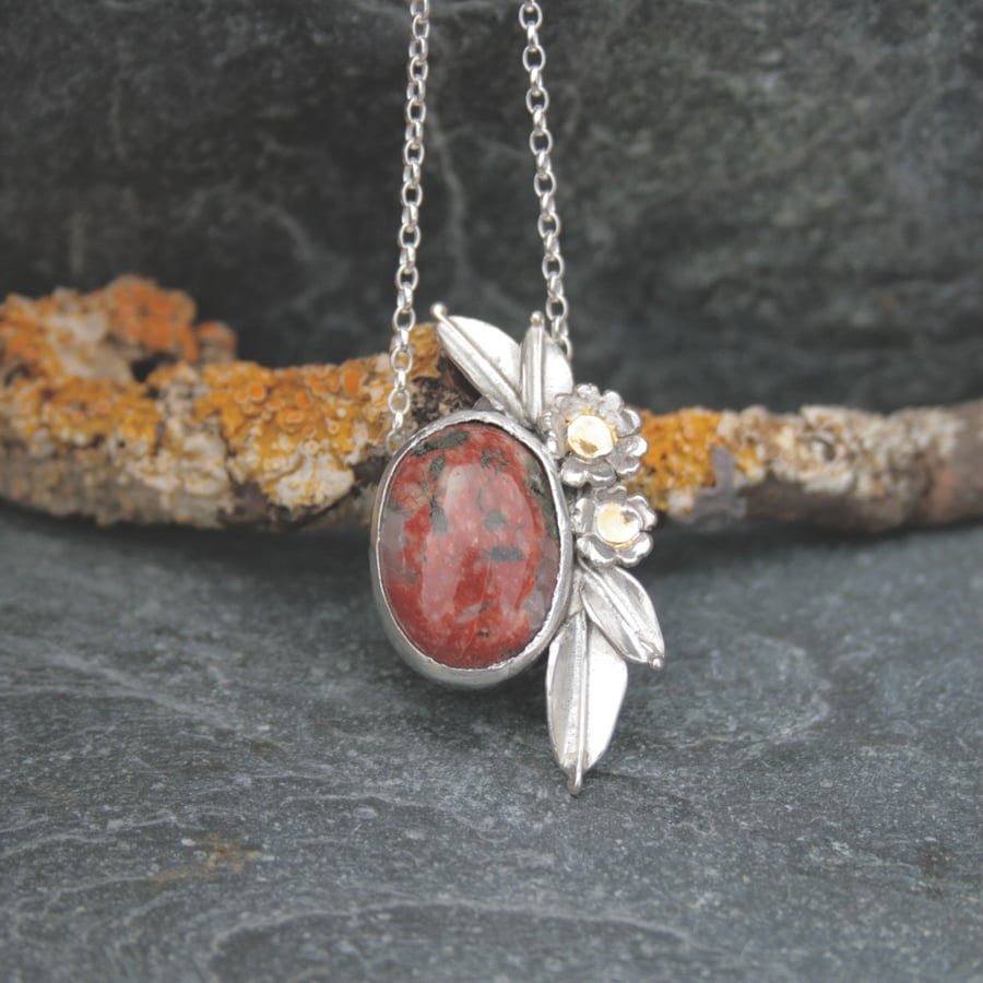 Silver gemstone necklace, botanical necklace, Lewisian Gneiss necklace