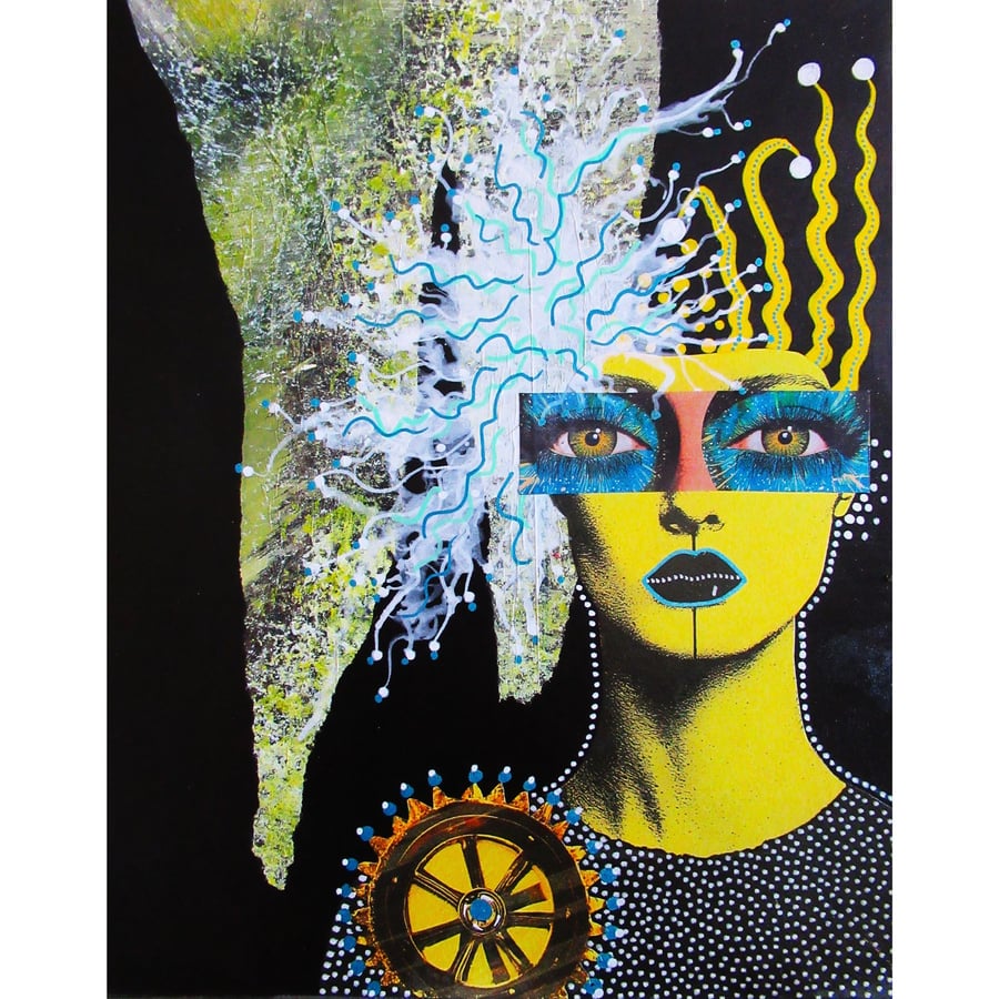 Abstract Female Portrait Yellow Black Abstract Figurative Cosmic Energy Painting
