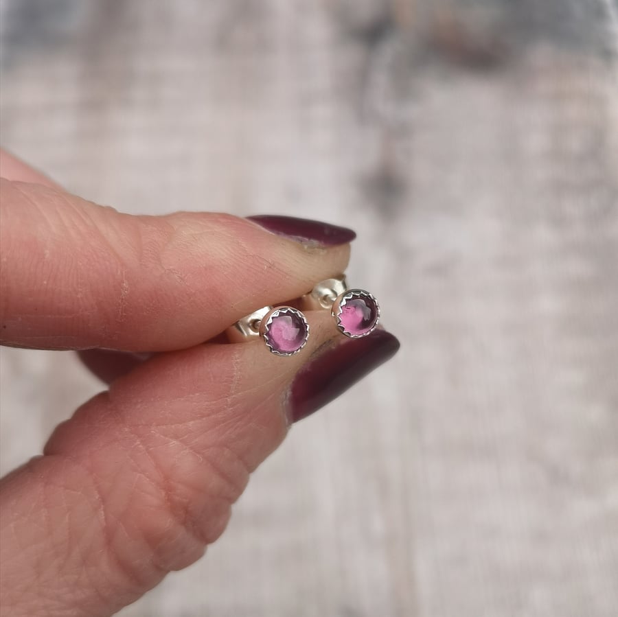Small Pink Rhodolite Garnet Gemstone and Sterling Silver Stud Earrings