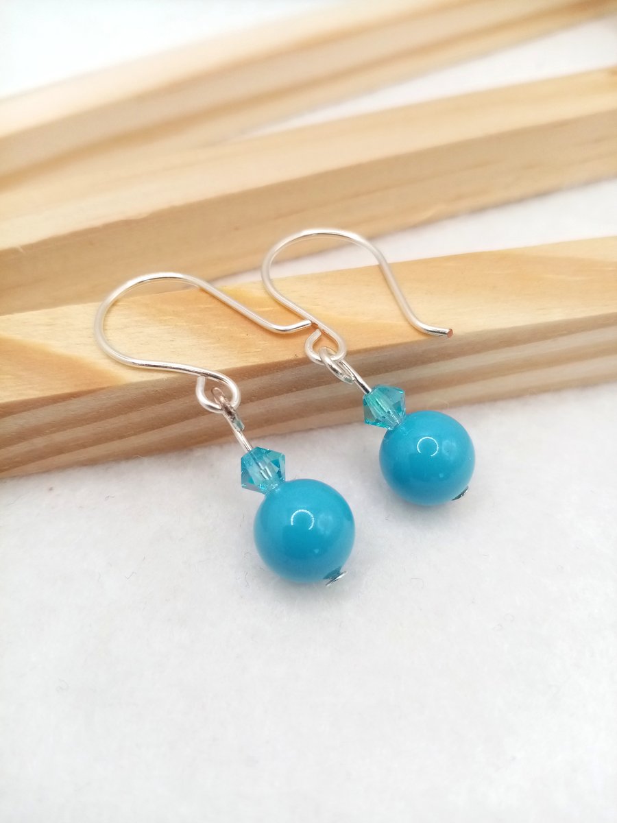 Turquoise Swarovski Pearl Drop Earrings - Turquoise Dangle Earrings - Blue Pearl