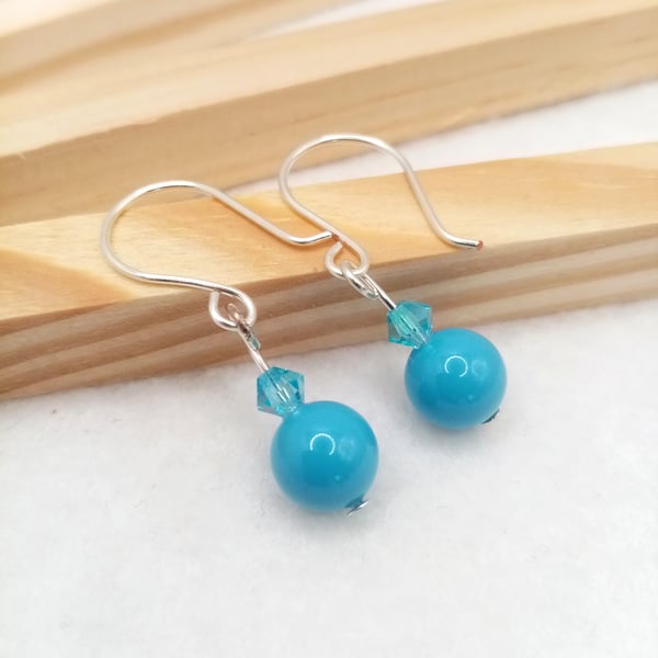 Turquoise Swarovski Pearl Drop Earrings - Turquoise Ball Dangle Earrings 