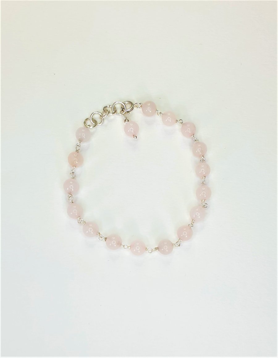 Rose Quartz Rosary linked Bracelet with 925 Sterling Silver